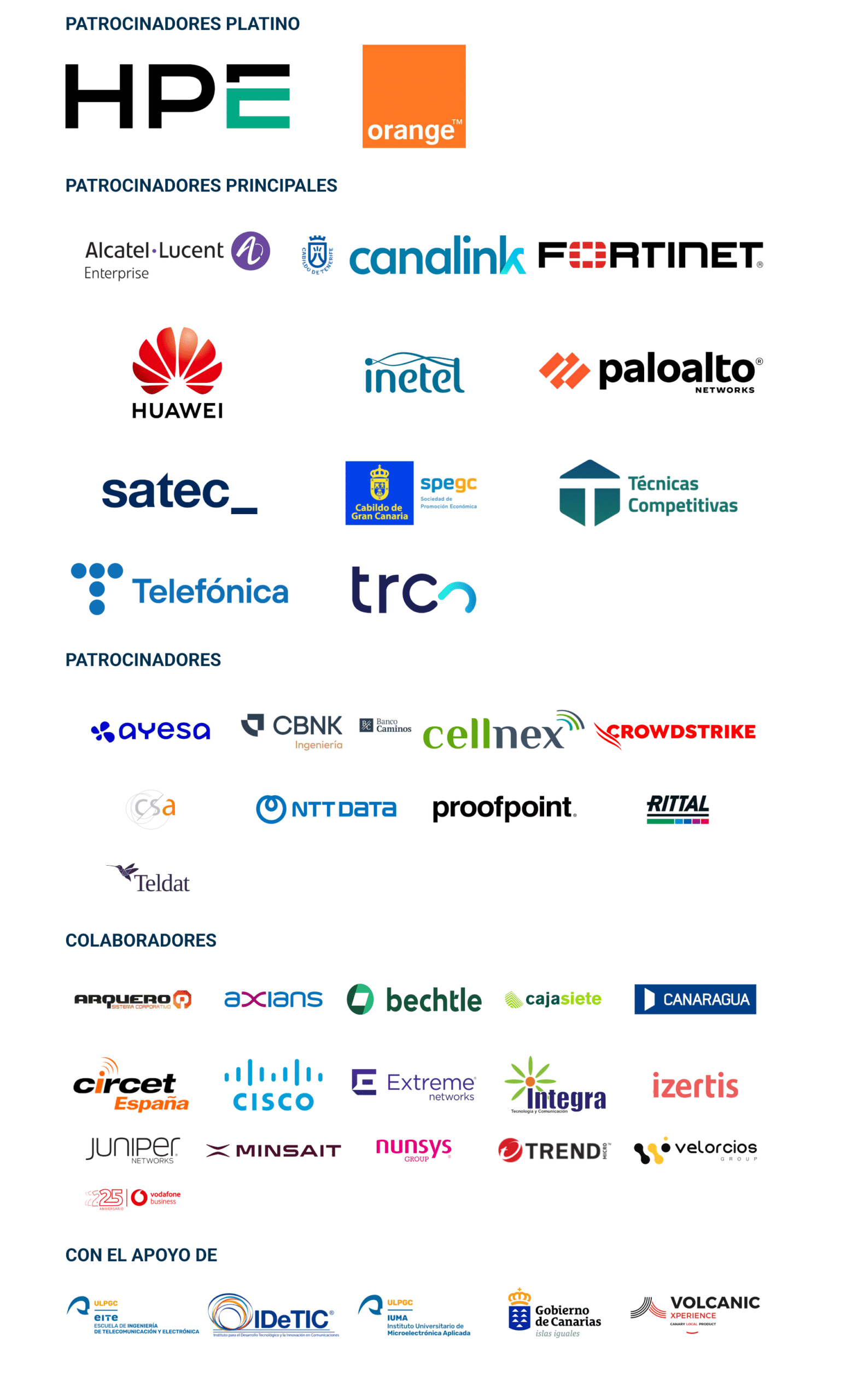 Imagen con el logo de todos los patrocinadores de la NTC 2025 divididos por categorías